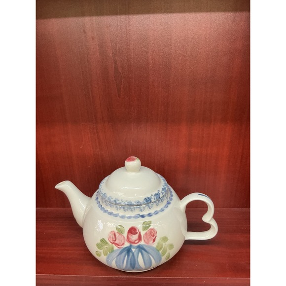 Tea For One Set Floral Rose Blue Ribbon Ceramic Stackable Teapot Cup Heart Hdle - Picture 3 of 9